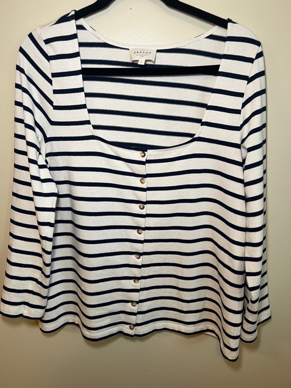 Sézane Women’s Large Navy White Striped 100% Cotton Boat Neck Button Down Shirt - Picture 3 of 10